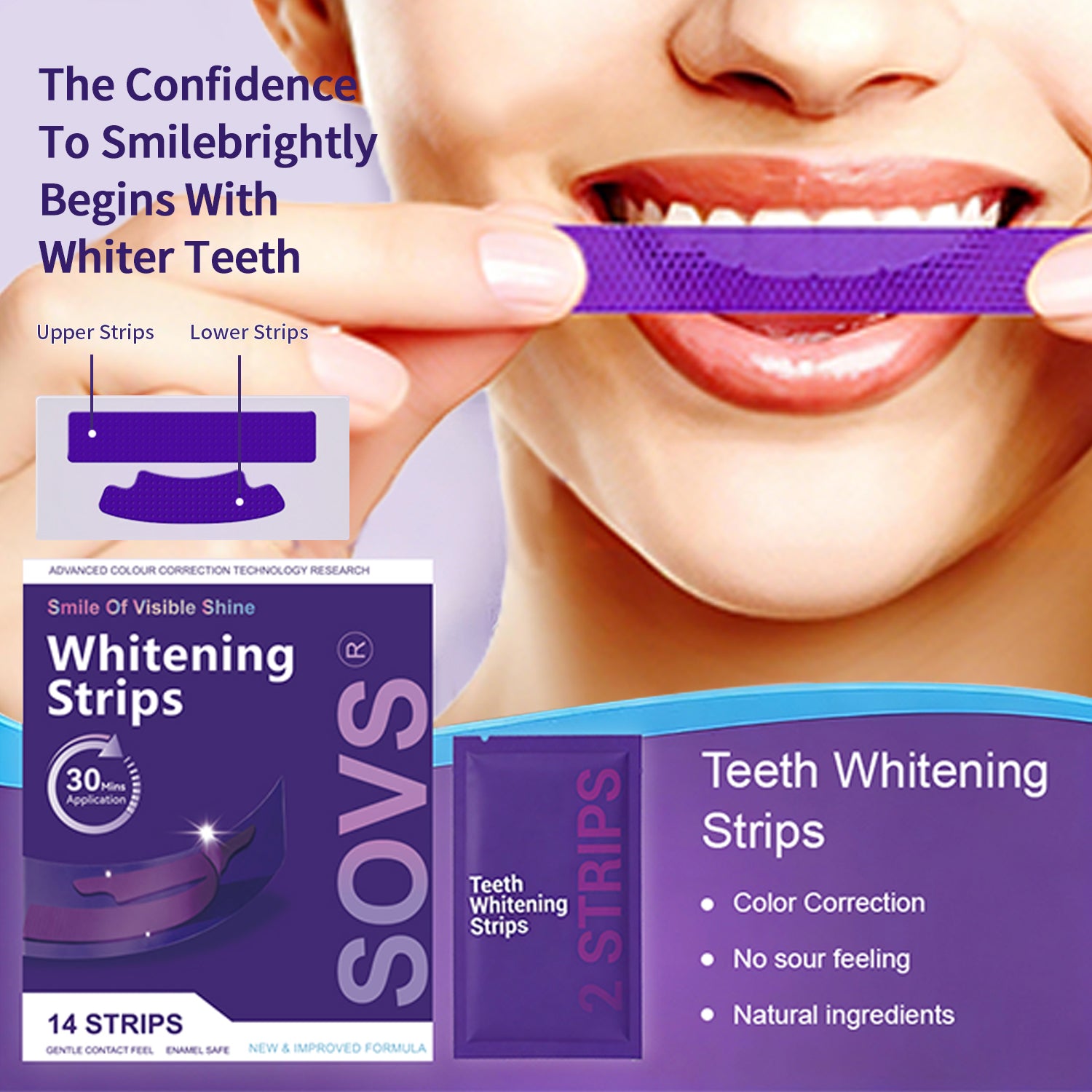 [Buy 1 Get 1 Free] SOVS Purple Teeth Whitening Strips – Gentle Oral Care for a Brighter-Looking Smile, Helps Reduce the Appearance of Surface Stains, Peroxide-Free,Supporting Everyday Confidence, 14 Strips per Pack
