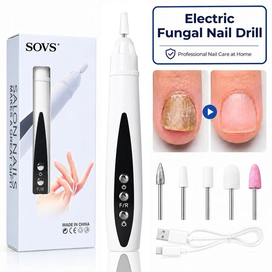 Electric fungal nail drill set with 5 interchangeable drill bits, USB charging cable, and product packaging box for home nail care.