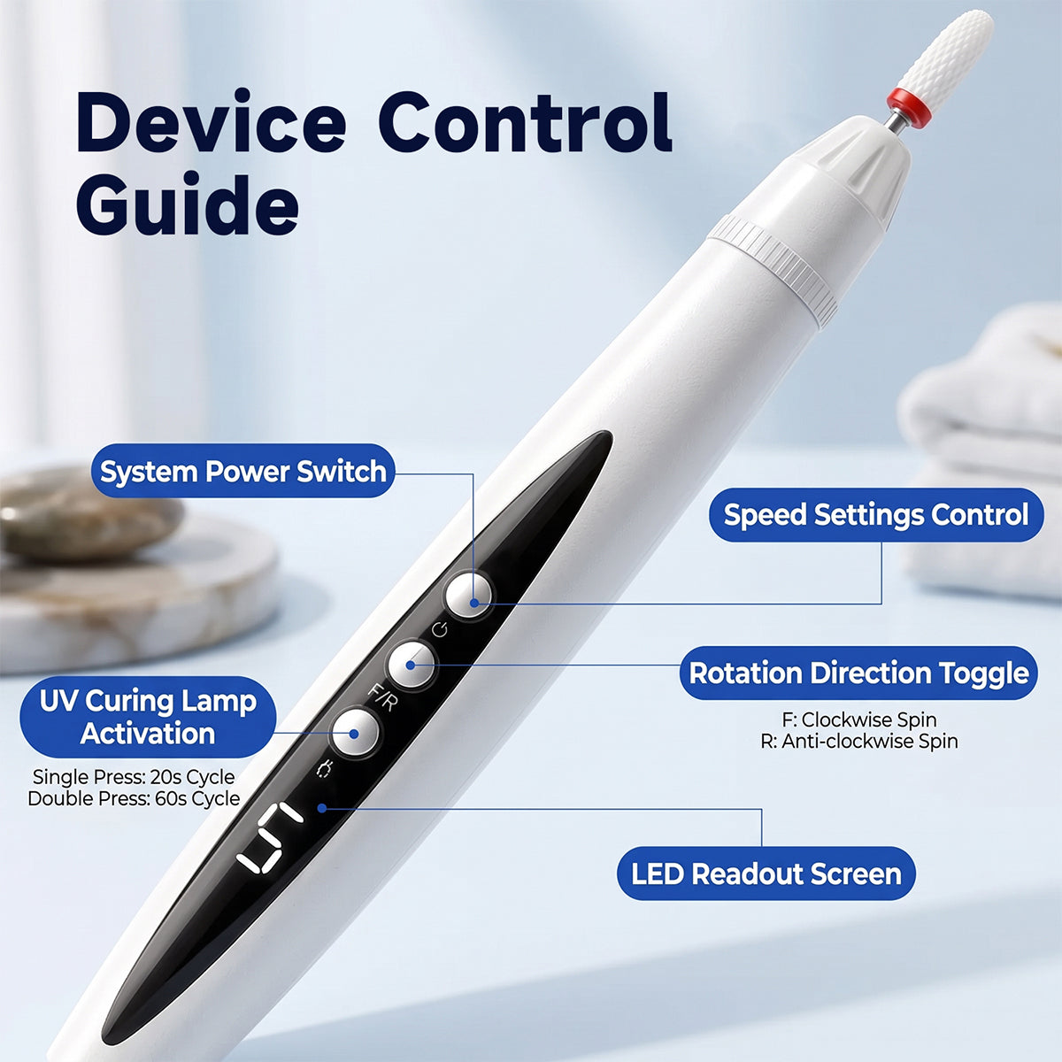 Electric nail drill control guide displaying power switch, speed control, rotation direction toggle, UV lamp button, and LED screen.