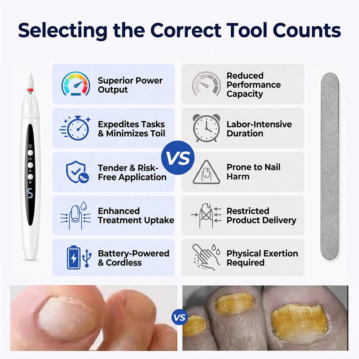 Comparison chart between cordless electric nail drill and traditional manual nail file highlighting speed and power.