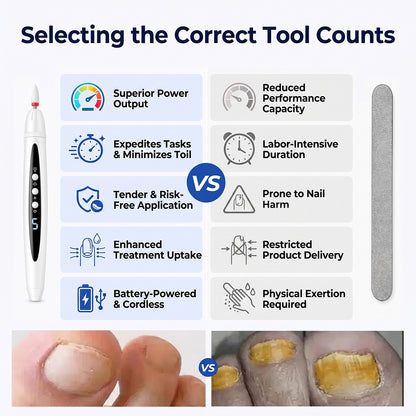 Comparison chart between cordless electric nail drill and traditional manual nail file highlighting speed and power.